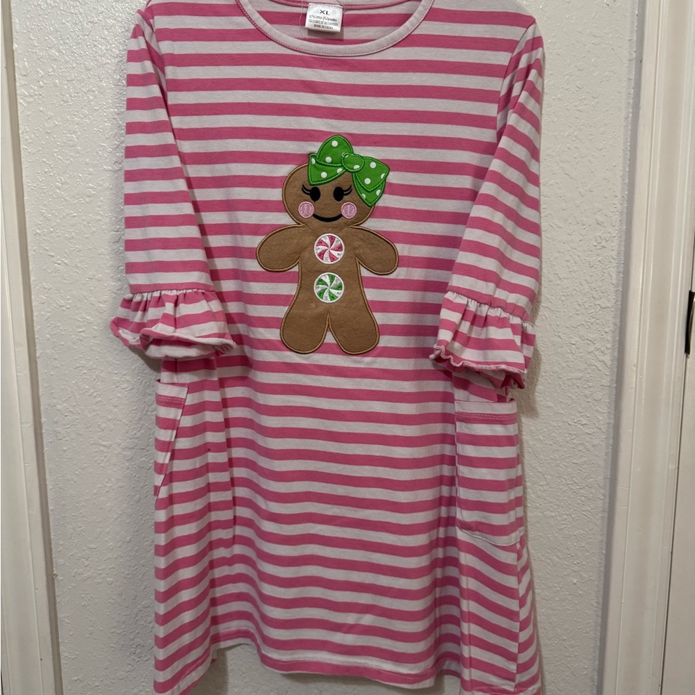 Rare Editions Pink and White Striped  with Gingerbread Design